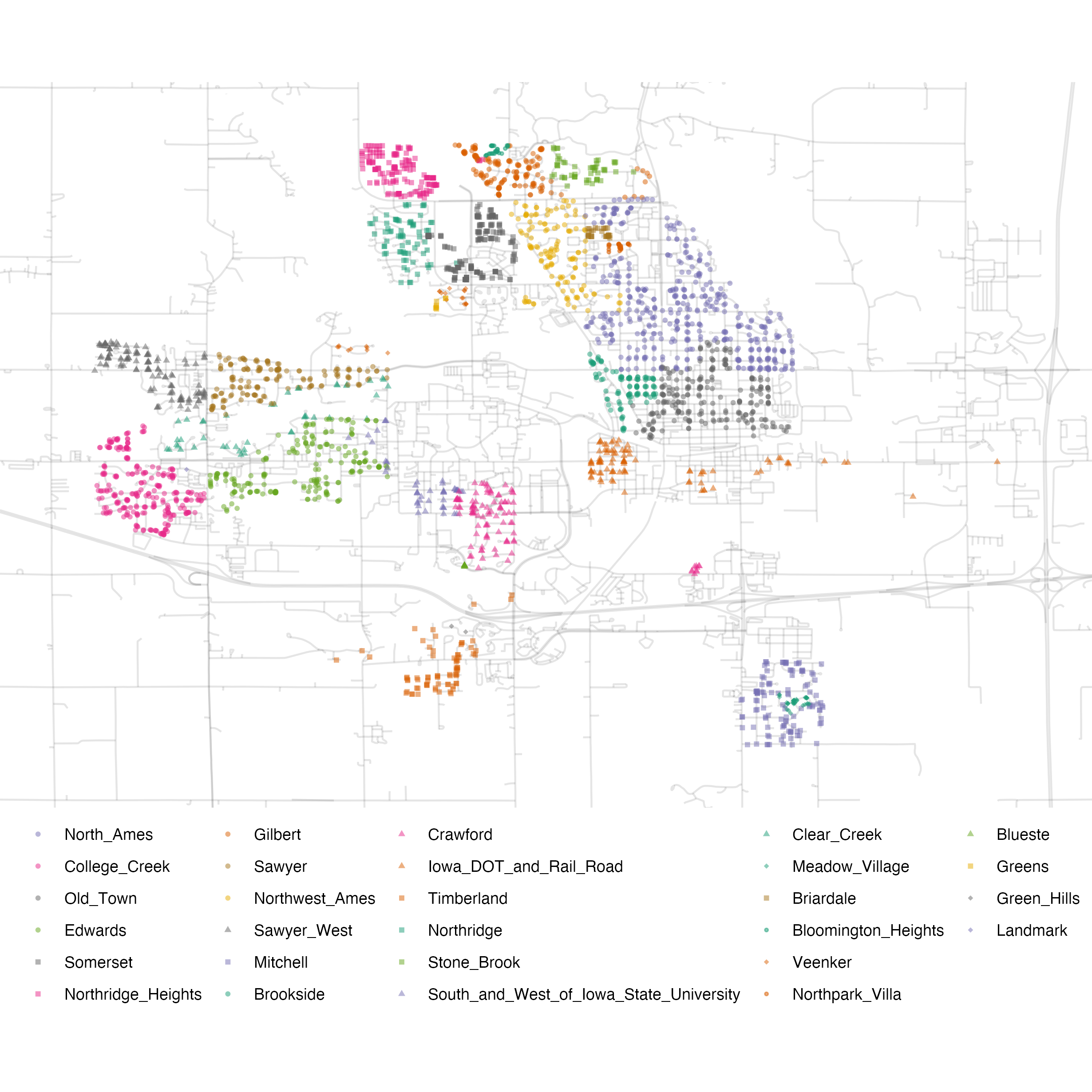 A scatter plot of house locations in Ames superimposed over a street map. There is a significant area in the center of the map where no homes were sold.