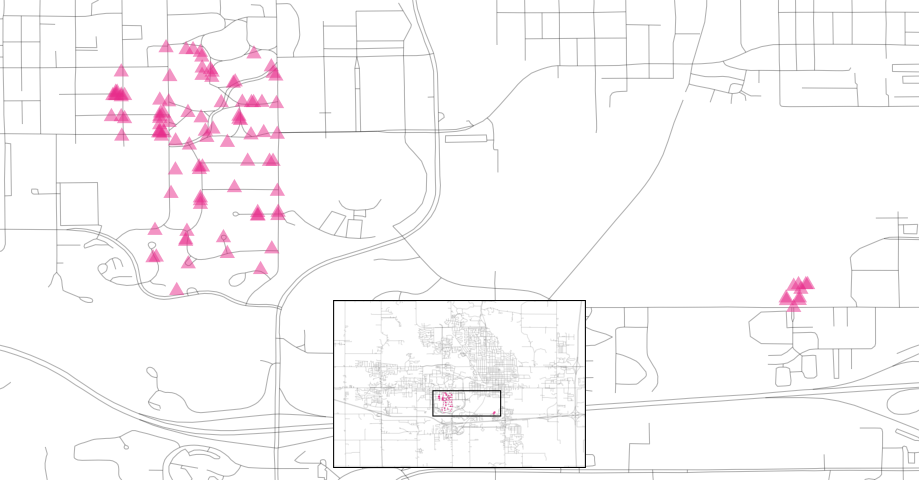 A scatter plot of locations of homes in Crawford. There is a large cluster of homes to the west of a small, separate cluster of properties also labeled as Crawford.