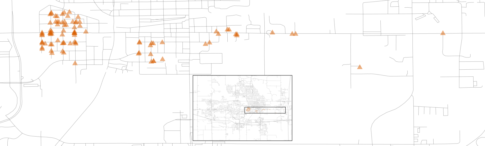 A scatter plot of locations of homes labeled as 'Iowa Department of Transportation (DOT) and Rail Road'. The longitude distribution is right-skewed with a few outlying properties.