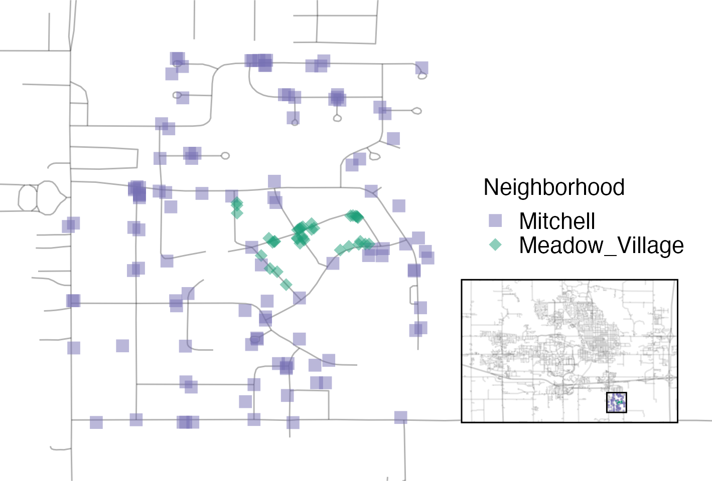 A scatter plot of locations of homes in Meadow Village and Mitchell. The small number of Meadow Village properties are enclosed inside the the ones labeled as being in Mitchell.