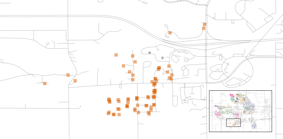 A scatter plot of locations of homes in Timberland, located in the southern part of Ames.